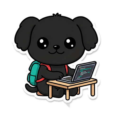 Joriu pup working on a laptop